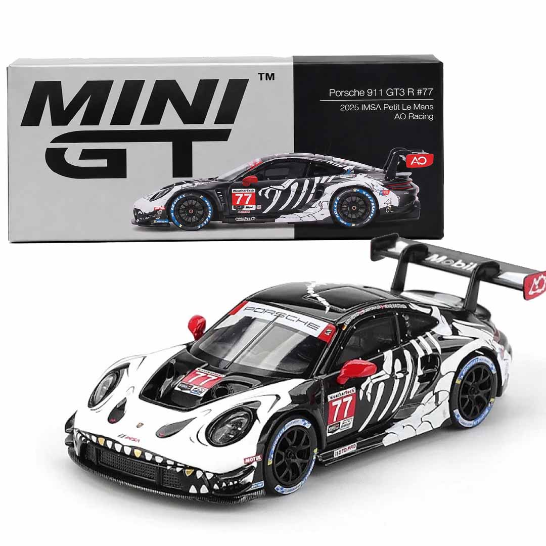 MINI GT 1:64 Porsche 911 GT3 R #77 AO Racing "Skeleton Rexy" 2025 IMSA Petit Le Mans