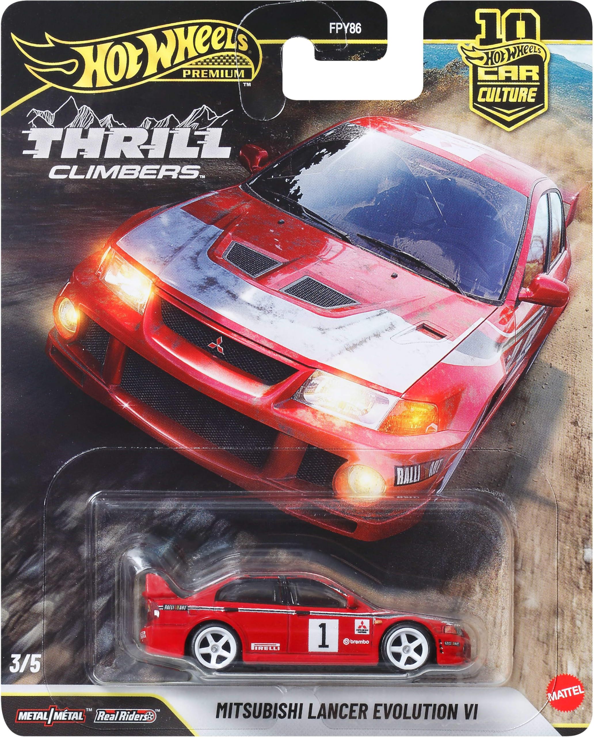 Hot Wheels Premium Car Culture Collectible Toy Car, 1:64 Scale Die-Cast Mitsubishi Lancer Evolution VI, Eurospeed Vehicle with Real Riders Tires