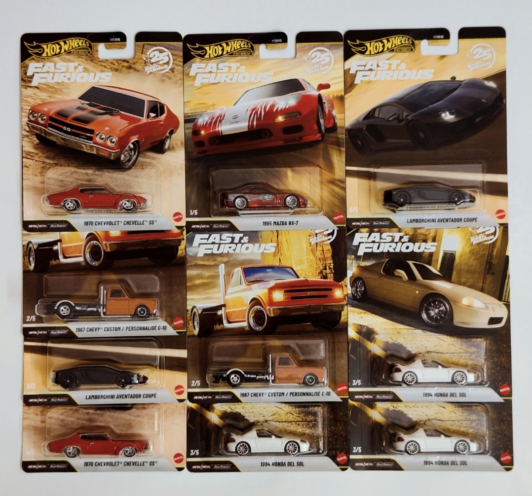 Hot Wheels Premium Fast & Furious 25th Anniversary Die-Cast Cars, Set of 10, Mazda RX-7, Custom Chevy, Chevelle, Honda Del Sol, Lamborgini Aventador,1:64 Scale HNW46-956P