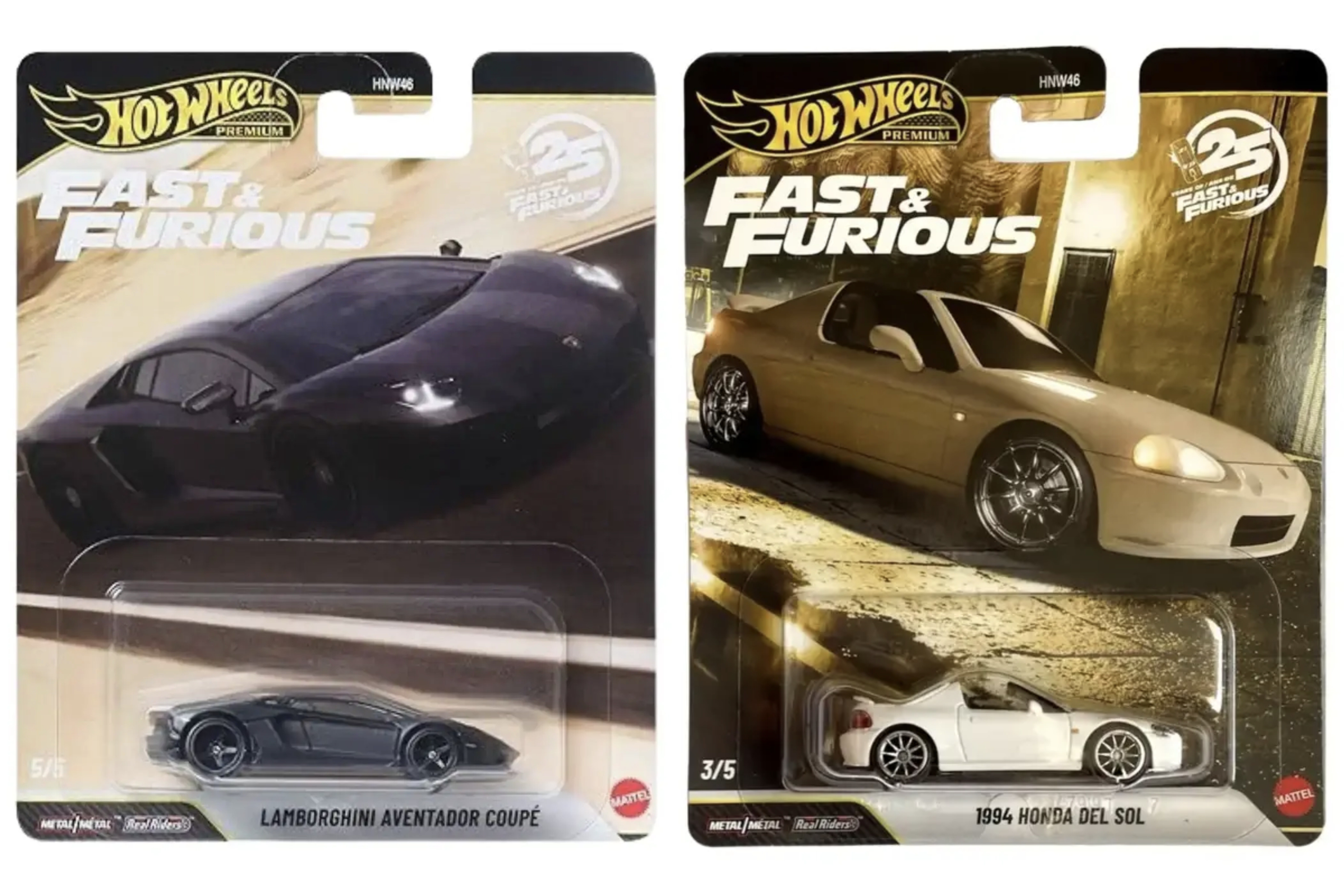 Hot Wheels® Cars, Premium Fast & Furious™ 1994 Honda DEL SOL and ,Lamborghini Aventador 1:64 Scale Die-Cast Car for Collectors Inspired by Fast & Furious™ Movie Franchise​​