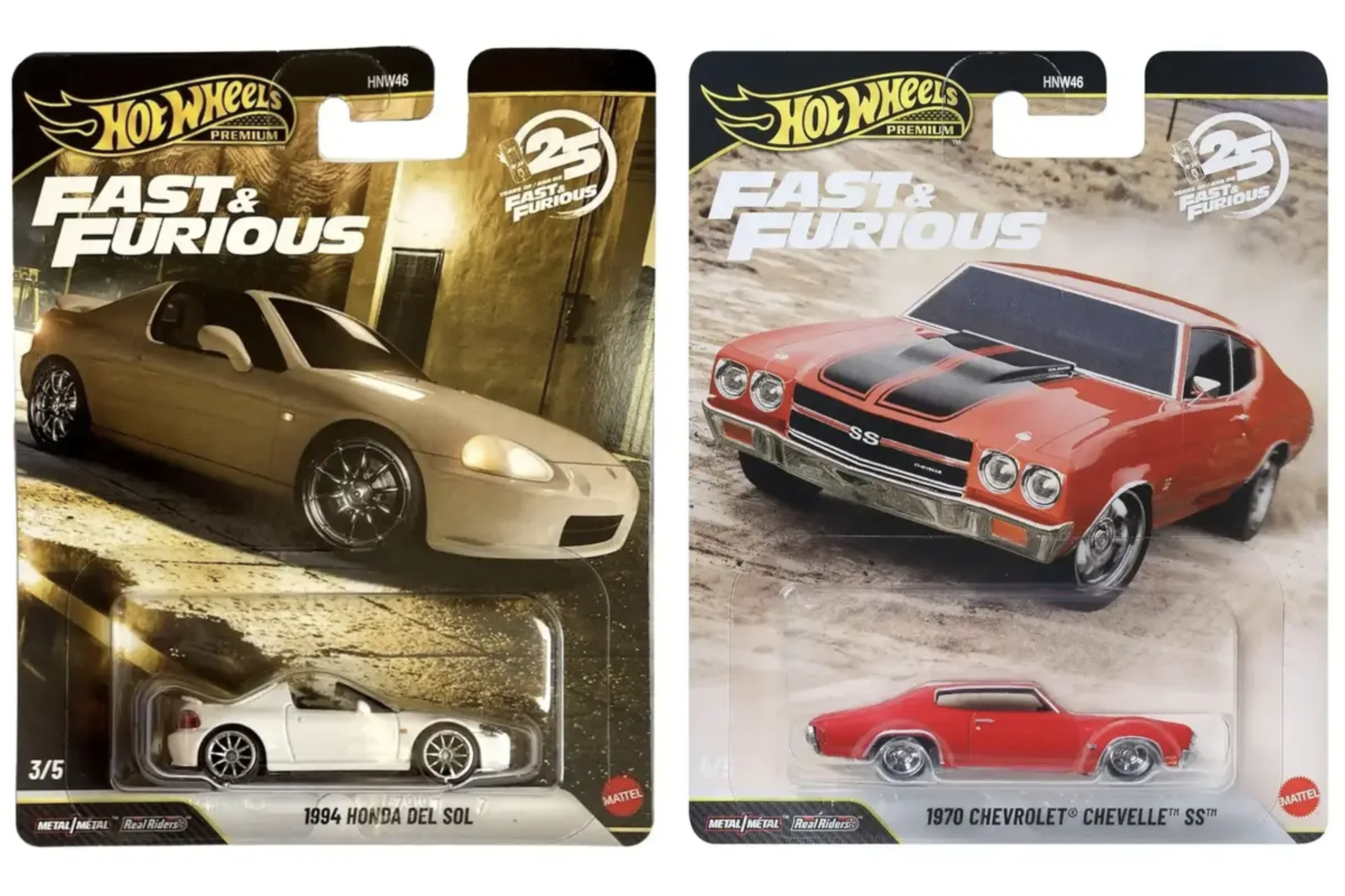Hot Wheels® Cars, Premium Fast & Furious™ 1994 Honda DEL SOL and 1970 Chevrolet Chevelle SS, 1:64 Scale Die-Cast Car for Collectors Inspired by Fast & Furious™ Movie Franchise​​