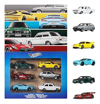 Hot Wheels 1:64 Scale Die-Cast Toy Cars, Set of 6 Euro Style Collectible Vehicles with Elevated Deco, for Play or Display (Styles May Vary)