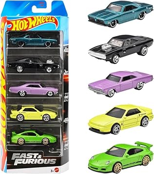 Hot Wheels 2025 Fast & Furious Pack of 5 (70 Dodge Charger RT, 1966 Chevrolet Impala, Porsche 911 Gt3 RS, 68 Plymouth Barracuda Formula S, Nissan Silvia) Multi - Color