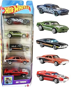 Hot Wheels Car 2026 HW Torque Pack of 5 (72 Ford Gran Torino Sport, Rivited, 69 Dodge Charger 500, Custom 67 Pontiac Firebird, Muscle Bound) Multi - Color | 72 Ford Gran Torino Sport, Rivited, 69 Dodge Charger 500, Custom 67 Pontiac Firebird, Muscle Bound