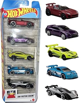 Hot Wheels Car 2026 Motor Show Pack of 5 (15 Jaguar F-Type Project 7, 2009 Nissan GT-R, Aston Martin Vantage GT3, Celero GT, Renault Sport R.S. 01) Multi - Color