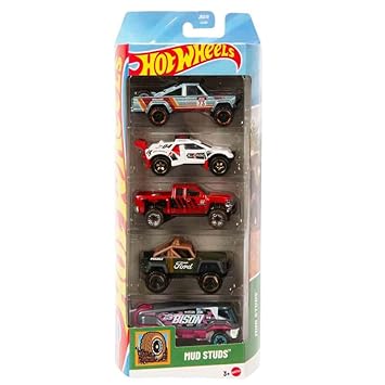 Hot Wheels Car 2026 Mud Studs Pack of 5 (Sand Burner, Chevy Silverado, 73 Jeep J10, Custom Ford Bronco, Baja Bison T5) Multi - Color