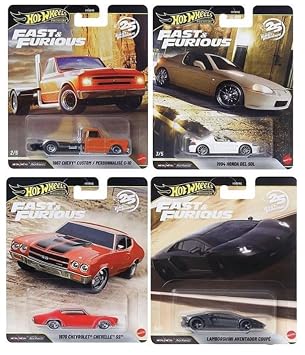 Hot Wheels Premium Fast & Furious 25th Anniversary Die-Cast Cars, Set of 4, Custom Chevy, Chevelle, Honda Del Sol, Lamborgini Aventador,1:64 Scale HNW46-956P