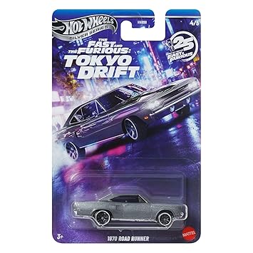Hot Wheels Toy Car, Fast & Furious 70 Road Runner Custom 1:64 Scale Vehicle with Elevated Deco Execution, Die-Cast Car Seen in the Fast Movies (Styles May Vary)