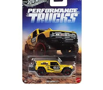 HW Silver Series Performance Trucks Ford Bronco R, 1:64 Scale Yellow Diecast Toy Off-Road Race Truck